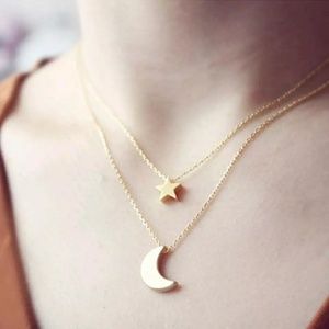 Two layered chain moon star pendant necklace